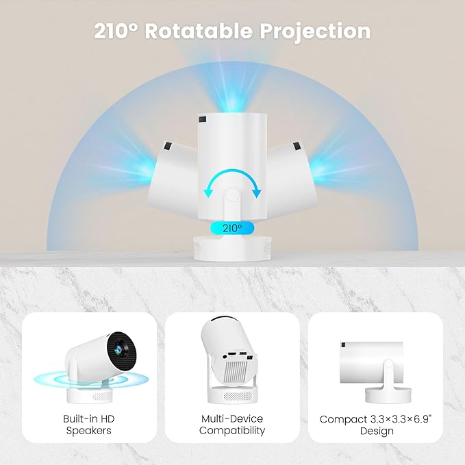 Mini Projector with WiFi and Bluetooth, Portable Projector 4k 1080P Support 5w Sound Base Speaker