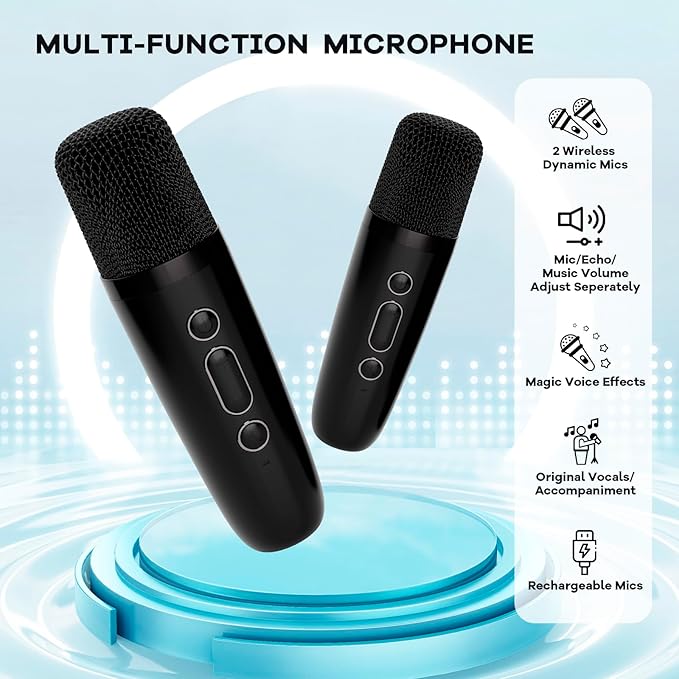 Mini Karaoke Machine with 2 Wireless Microphones for Kids Adults, Portable Bluetooth Speaker