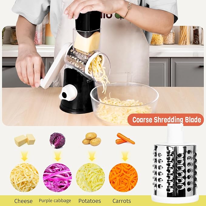 X Home Rotary Cheese Grater for Kitchen, Shredder with 3 Interchangeable Blades