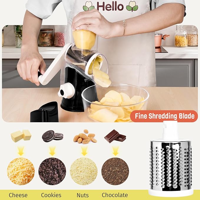 X Home Rotary Cheese Grater for Kitchen, Shredder with 3 Interchangeable Blades