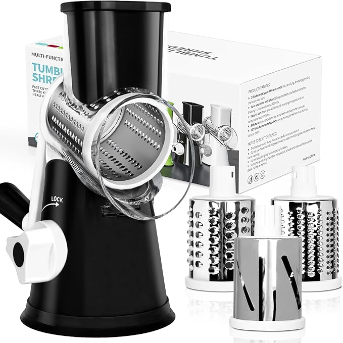 X Home Rotary Cheese Grater for Kitchen, Shredder with 3 Interchangeable Blades
