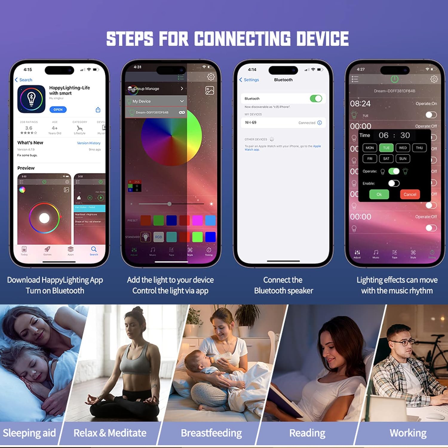 Bluetooth Speaker Lamp with Wireless Charger, RGB Night Light, Alarm Clock, App Control - White