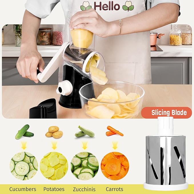 X Home Rotary Cheese Grater for Kitchen, Shredder with 3 Interchangeable Blades