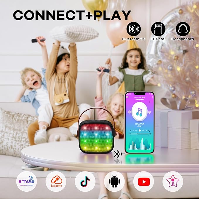 Mini Karaoke Machine with 2 Wireless Microphones for Kids Adults, Portable Bluetooth Speaker